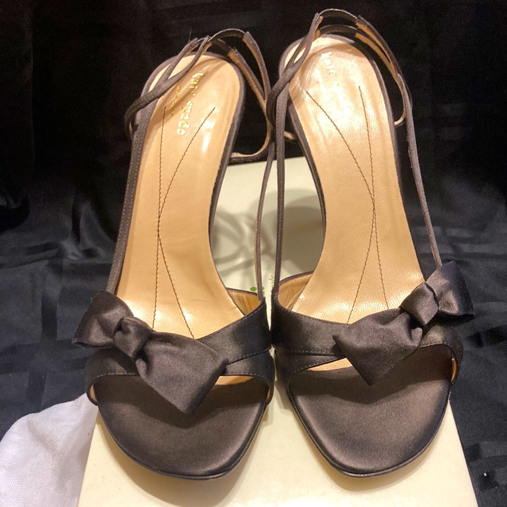 Kate Spade chocolate brown satin heels with bow accent 9.5M - worn once